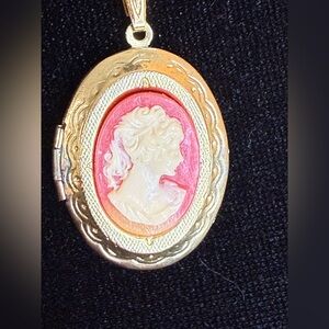Gold tone antique look coral color classic Cameo locket necklace girlhood core